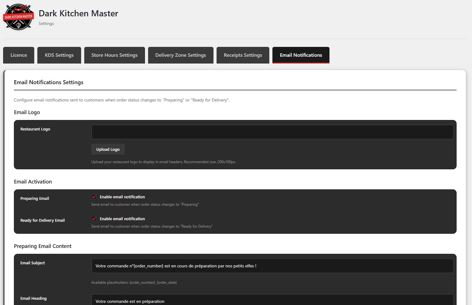 Email Notifications Settings Page