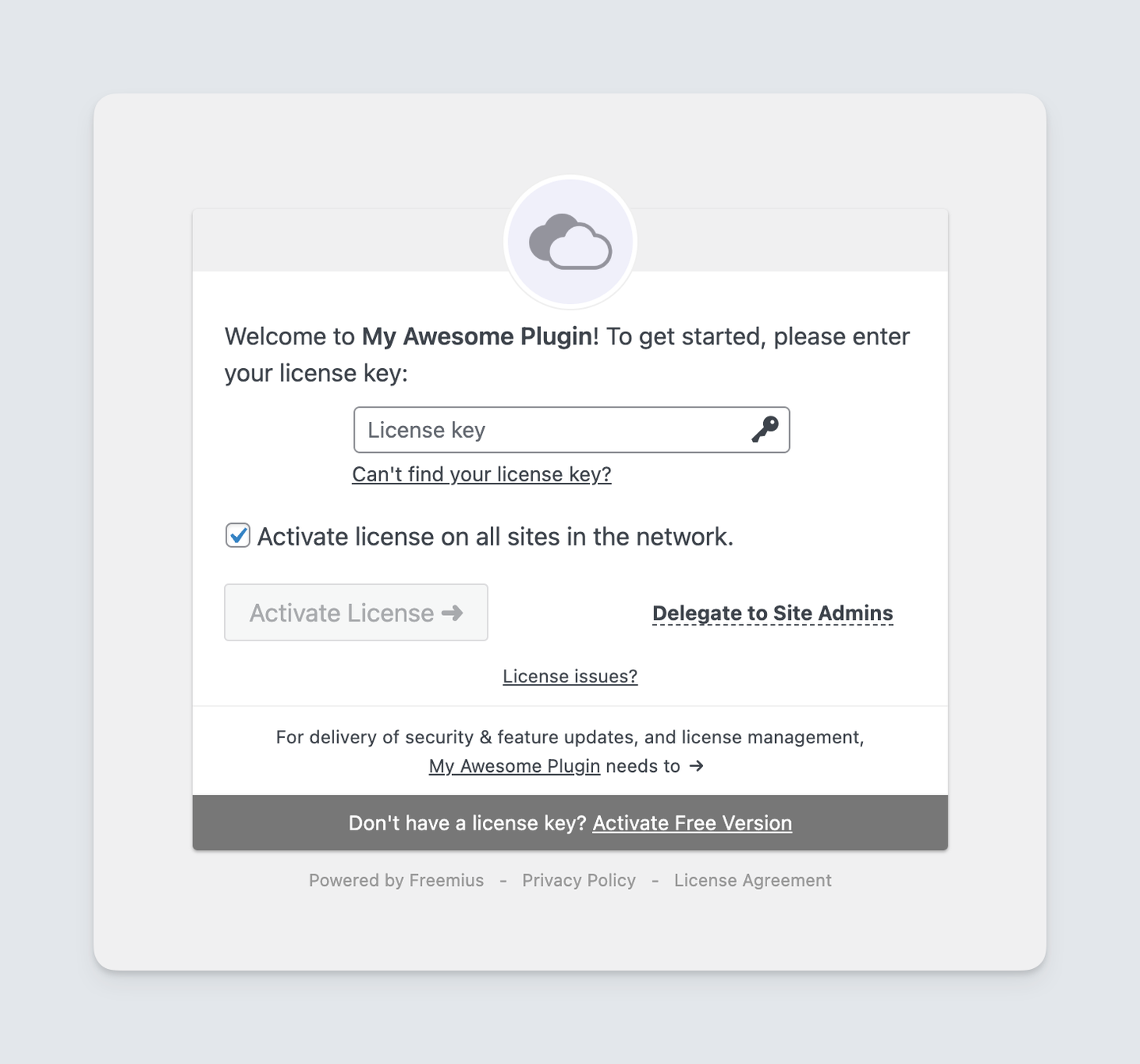 Freemius License Activation Screen