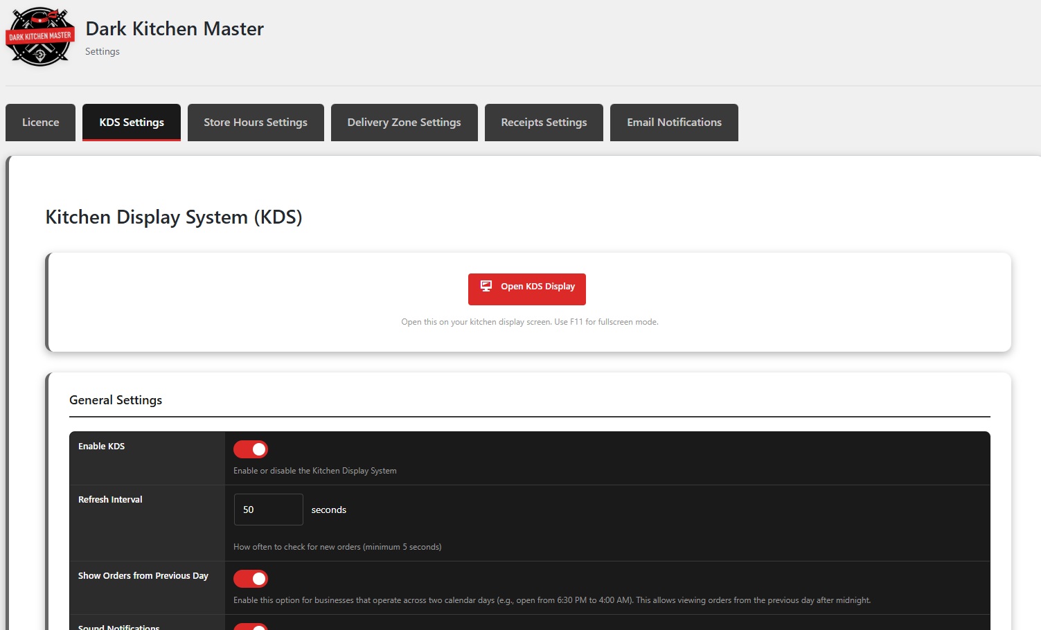 KDS Settings Page