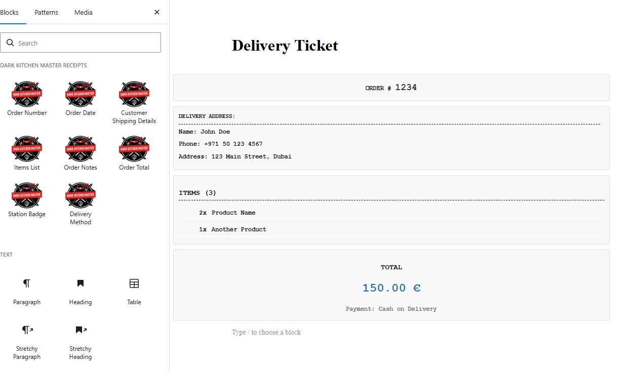 Receipts Gutenberg Editor