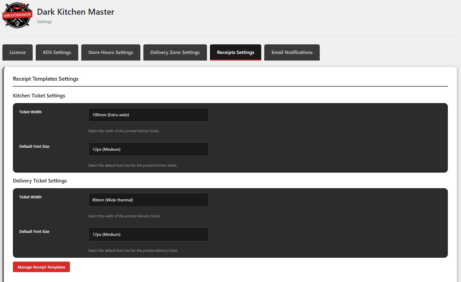 Receipts Settings Page