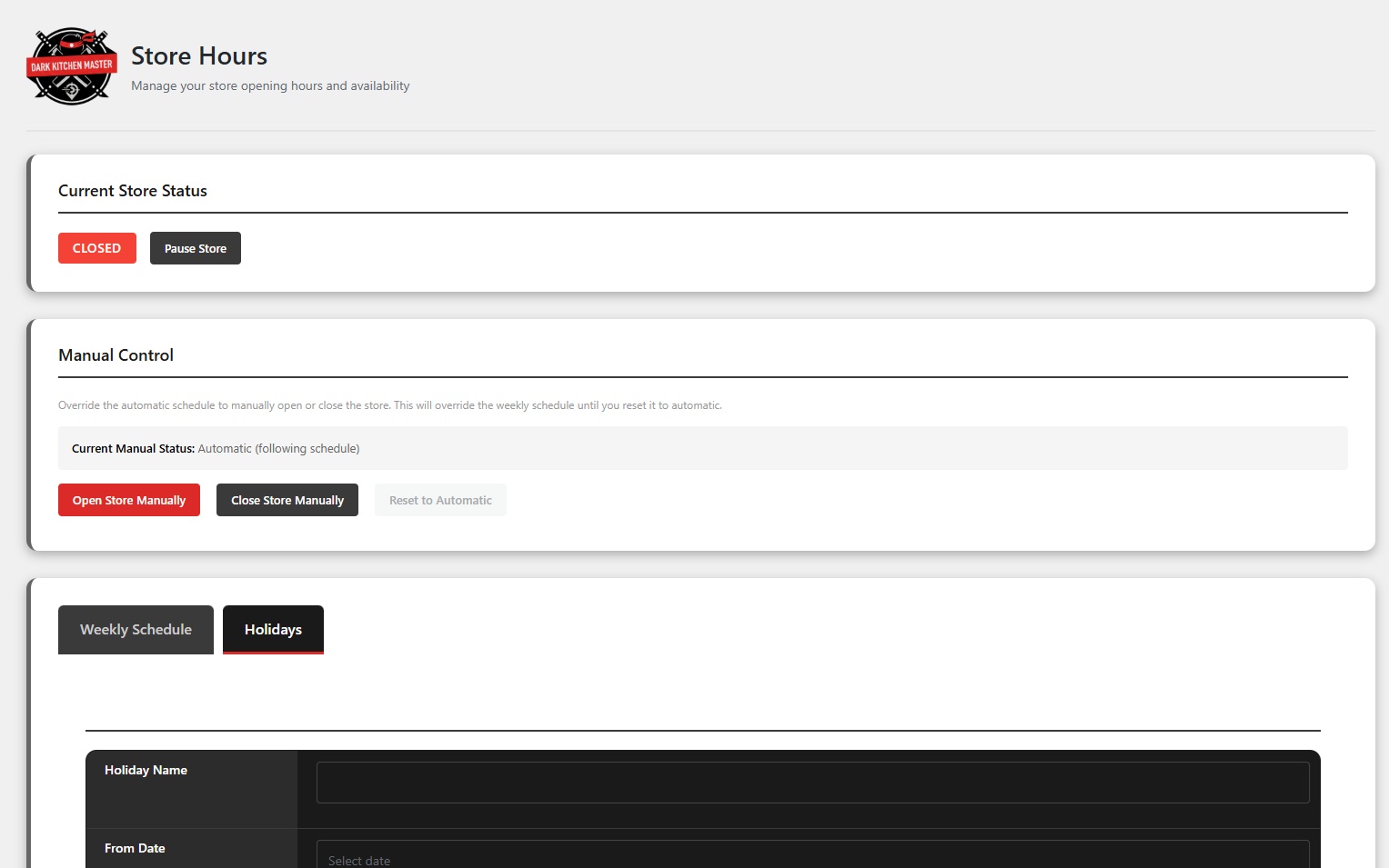 Store Hours Management Page